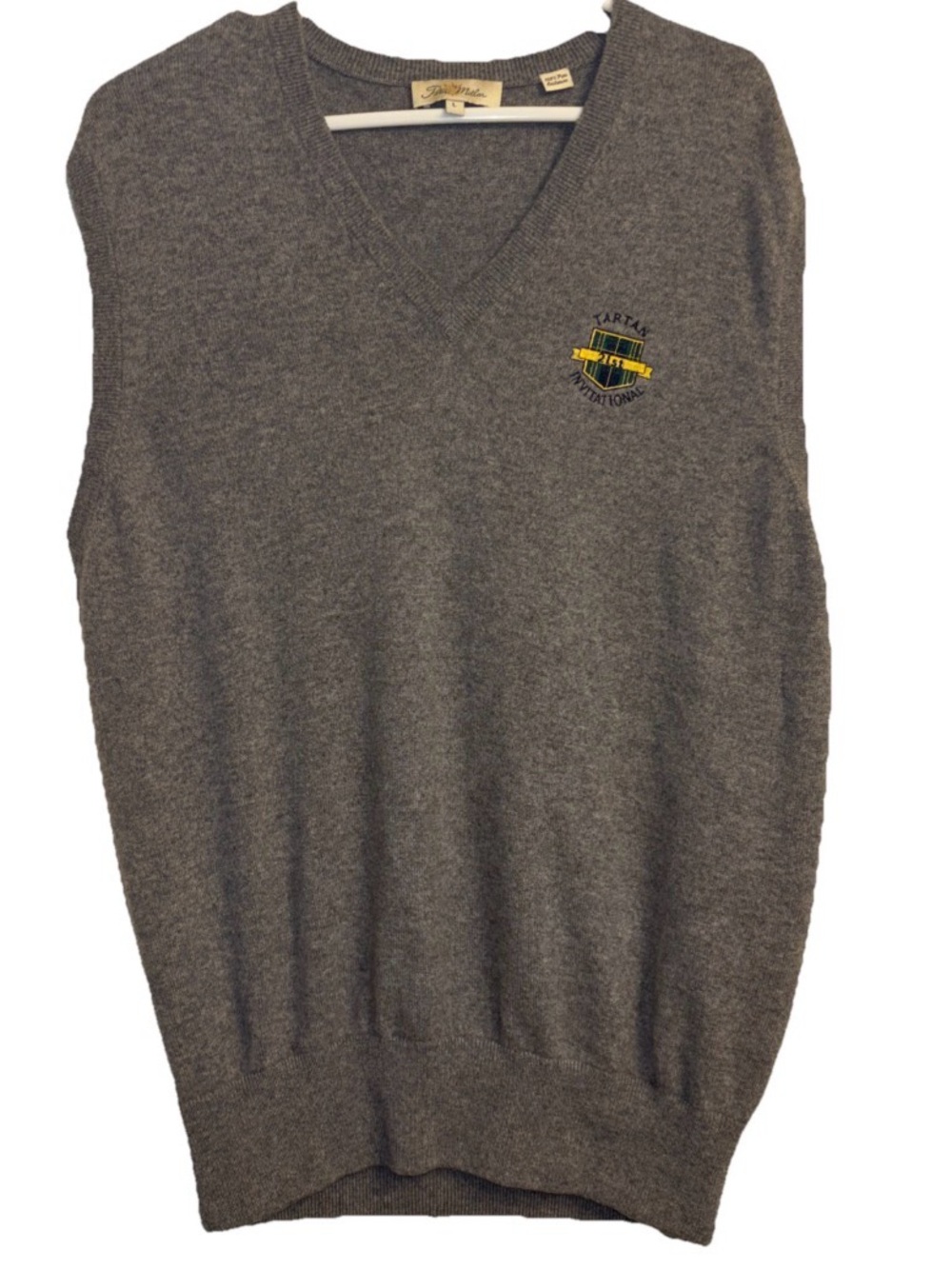 PETER MILLAR 100% CASHMERE V-Neck Sweater Vest W/  Tartan 21st Logo Gray - Sz L